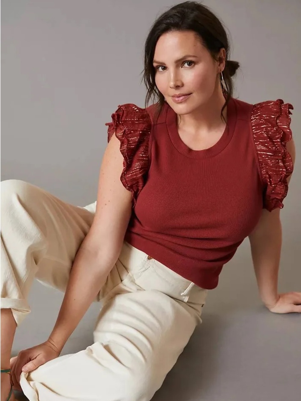 Anthropologie ruffle sleeved ribbed top